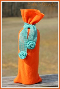 Orange Felt Wine Bag with Aqua Burlap Rosettes
